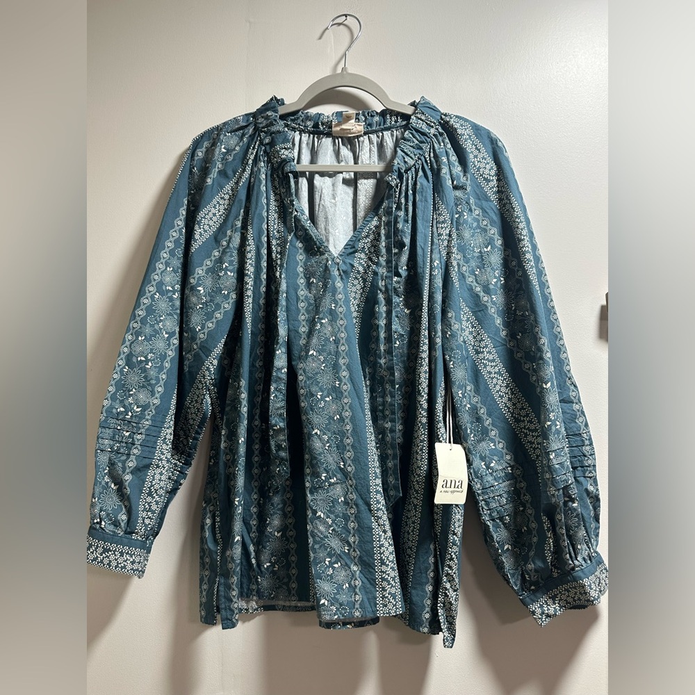 a.n.a Teal Patterned Blouse